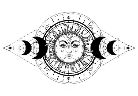Sun and Triple moon pagan Wicca moon goddess symbol. Three faced Goddess, Maiden, Mother, Crone isolated vector illustration. Tattoo, astrology, alchemy, boho and magic symbol. Coloring book..のイラスト素材