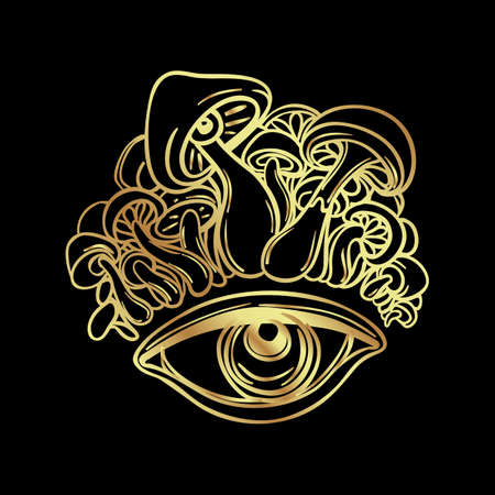 Magic mushrooms. Psychedelic hallucination. Gold vector illustration isolated on black. 60s hippie art. Coloring book for kids and adults.のイラスト素材