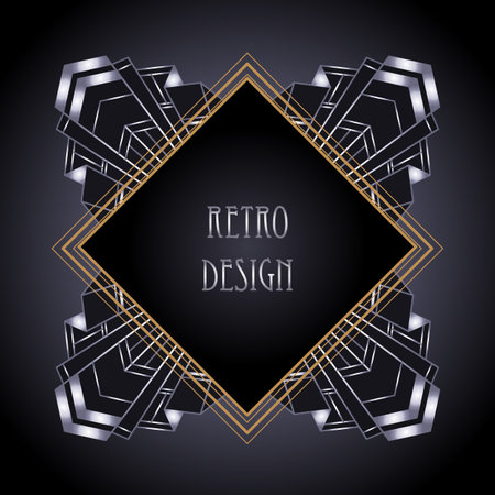 Art Deco vintage gold and silver design element over black. Retro party geometric background set (1920s style). Vector illustration for glamour party, thematic wedding or textile prints.のイラスト素材