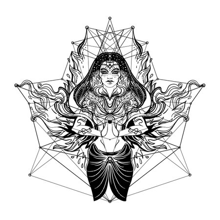 Young beautiful witch. Mystic character. Alchemy, spirituality, occultism, tattoo art. Isolated black and white vector illustration. Halloween concept. Wiccan woman.のイラスト素材