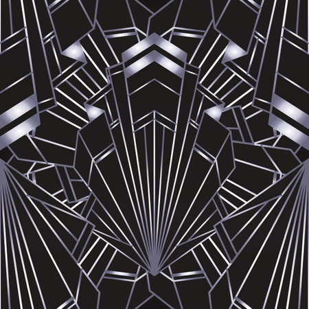 Art deco style geometric seamless pattern in black and silver. Vector illustration. Roaring 1920 s design. Jazz era inspired . 20 s. Vintage Fabric, textile, wrapping paper, wallpaper.のイラスト素材