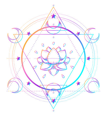 Sacred Geometry and Boo symbol set. Ayurveda sign of harmony and balance. Tattoo design, yoga logo. poster, t-shirt textile. Colorful rainbow gradient over black.のイラスト素材