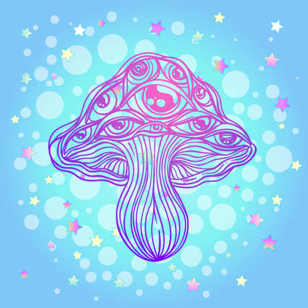 Magic mushrooms. Psychedelic hallucination. Vibrant vector illustration. 60s hippie colorful art. Decoration in ethnic boho style tattoo. Alchemy or astrology, esoteric or festive design.のイラスト素材