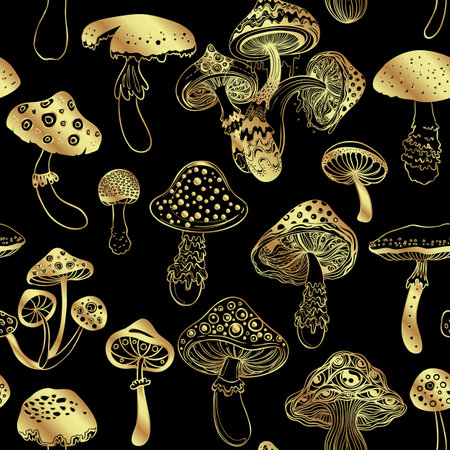 Magic mushrooms golden seamless pattern. Psychedelic hallucination. 60s hippie colorful art. Vintage psychedelic textile, fabric, wrapping, wallpaper. Vector repeating illustration.のイラスト素材
