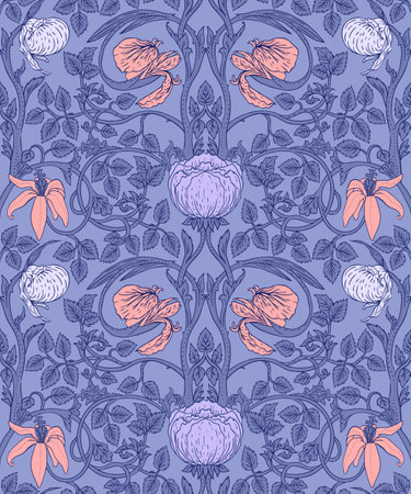 Floral vintage seamless pattern, retro wallpapers. Enchanted Vintage Flowers. Arts and Crafts movement inspired. Design for wrapping paper, wallpaper, fabrics and fashion clothes. Vector illustrationのイラスト素材