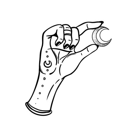 Vector ornamental praying hands with sacred geometry sign moon, patterned Indian paisley. Inticate illustration. Invitation element. Tattoo, astrology, alchemy, boho and magic symbol. Coloring book.のイラスト素材