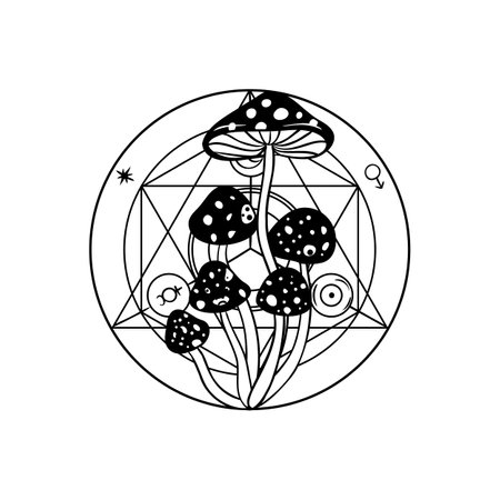 Magic mushrooms over esoteric symbol. Vector illustration . Geometric black and white sign. Outline icon for alchemy or sacred geometry. Mystic and magic design with alchemy symbols.のイラスト素材