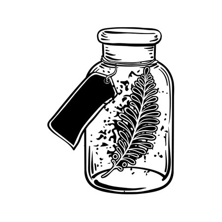 Blackwork tattoo flash. Plant with leaves inside bottle. Highly detailed vector illustration isolated on white. Tattoo design, mystic symbol. New school dotwork. Print, posters, t-shirts, textiles.のイラスト素材