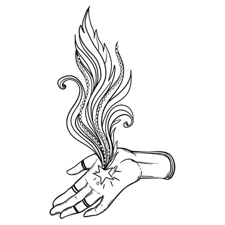 Witch hands open with magic star. Alchemy, spirituality, occultism, tattoo art. Isolated black and white vector illustration. Halloween concept. Wiccan magic.のイラスト素材