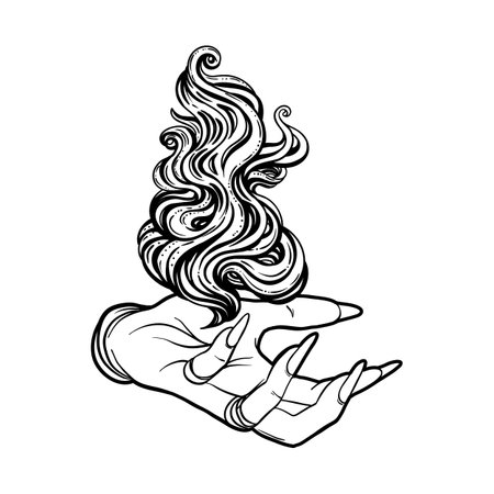 Hand of witch with fire. Mystic character. Alchemy, religion, spirituality, occultism, tattoo art. Isolated vector illustration. Halloween concept, coloring book for adults.のイラスト素材