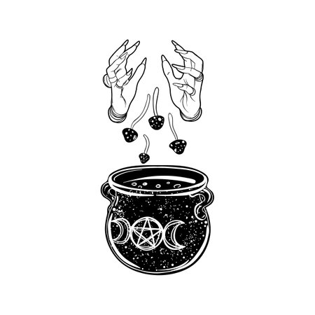 Witch dropping mushrooms to her magic cauldron. Vector isolated illustration in Victorian style. Mediumship divination equipment. flash tattoo drawing. Alchemy, religion, spirituality, occultism.のイラスト素材