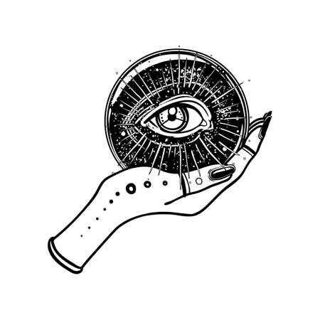 Human hands with tattoo holding Magic Crystal with all seeing eye inside. Astrology, witchcraft, book of spells. Hand drawn art in bohemian design, vector illustration isolated on white background.のイラスト素材
