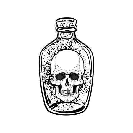 Magic potion: black bottle with moon and stars inside. Vector illustration isolated on white. Spirituality, occultism, chemistry, magic tattoo concept.のイラスト素材