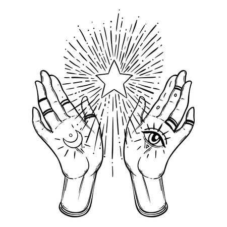 Witch hands open with magic star. Alchemy, spirituality, occultism, tattoo art. Isolated black and white vector illustration. Halloween concept. Wiccan magic.のイラスト素材