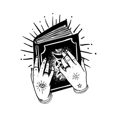 Human hands with tattoo holding magic book. Astrology, witchcraft, book of spells. Hand drawn art in bohemian design, vector illustration isolated on white background.のイラスト素材