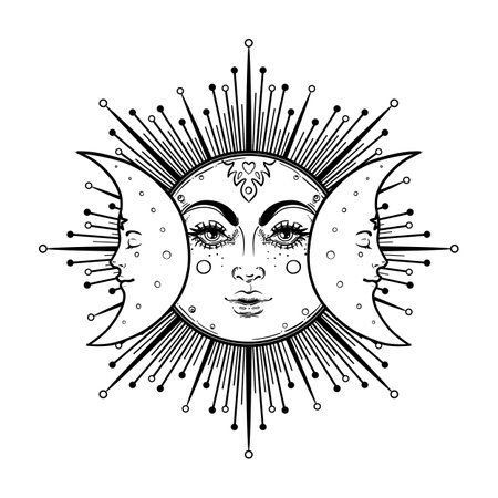 Sun and Triple moon pagan Wicca moon goddess symbol. Three-faced Goddess Maiden - Mother -Crone isolated vector illustration. Tattoo, astrology, alchemy, boho and magic symbol. Coloring book.のイラスト素材