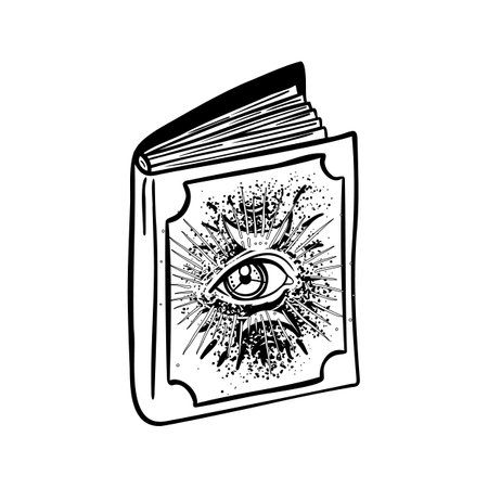Magic spell book. Outline vector illustration isolated on white background for Halloween. Tattoo,...