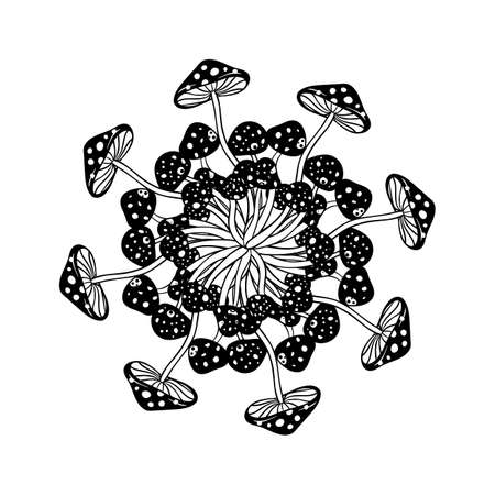 Magic mushrooms mandala. Psychedelic hallucination. Black and white trippy vector illustration. 60s hippie art. Hand drawn design in ethnic Indian style. Mystic abstract hippie and boho texture.のイラスト素材