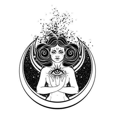 African American magic woman holding all seeing eye with rays. Vector Illustration. Mysterious black girl over sacred geometry symbols and wings. Alchemy, religion, spirituality, occultism, tattoo artのイラスト素材
