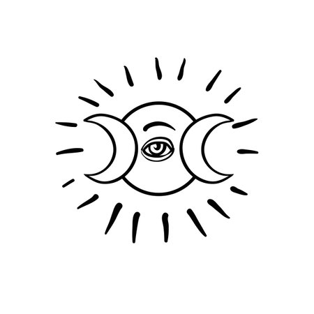 Moon symbol. Tattoo style. Vector illustration in black outlines isolated on white.のイラスト素材