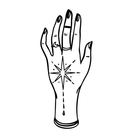 Witch tattooed hands with magic star. Alchemy, spirituality, occultism, tattoo art. Isolated black and white vector illustration. Halloween concept. Wiccan magic.のイラスト素材