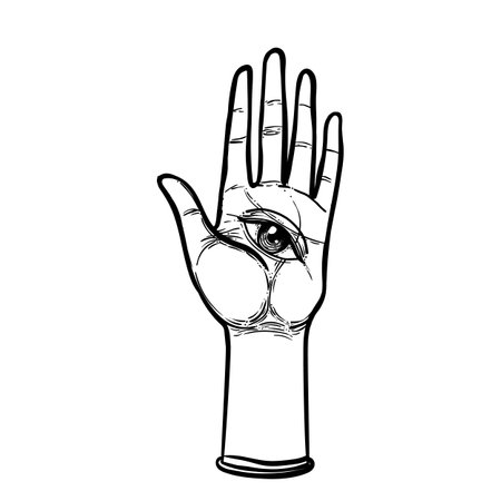 Vintage Hands with all seeing eye. Hand drawn sketchy illustration with mystic and occult hand drawn symbols. Palmistry concept. Vector illustration. Spirituality, astrology and esoteric concept.のイラスト素材