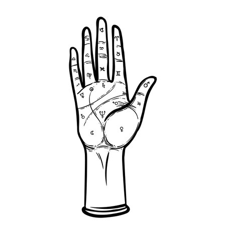 Vintage Hands. Hand drawn sketchy illustration with mystic and occult hand drawn symbols. Palmistry concept. Vector illustration. Spirituality, astrology and esoteric concept.のイラスト素材