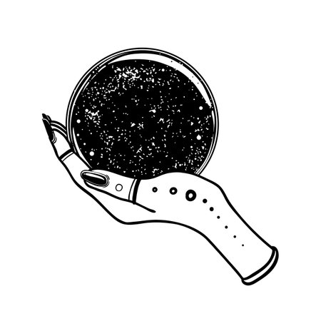Female hand holding Magic Crystal Ball isolated on white. Creepy cute vector illustration. Gothic design, mystic magician symbol in black outlines. Future telling, Halloween concept.のイラスト素材