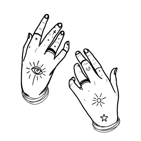 Witch tattooed hands with magic star. Alchemy, spirituality, occultism, tattoo art. Isolated black and white vector illustration. Halloween concept. Wiccan magic.のイラスト素材
