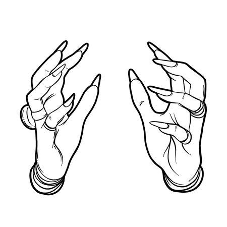 Witch tattooed hands. Alchemy, spirituality, occultism, tattoo art. Isolated black and white vector illustration. Halloween concept. Wiccan magic.のイラスト素材