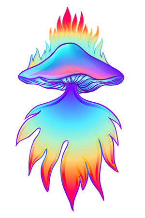 Magic mushrooms. Psychedelic hallucination. Vibrant vector illustration. 60s hippie colorful art.のイラスト素材