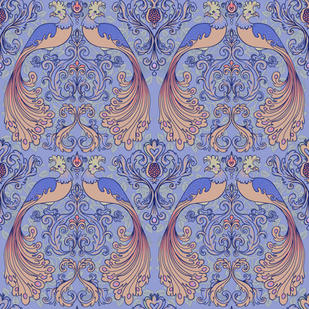 Floral vintage seamless pattern wit birds for retro wallpapers. Enchanted Vintage Flowers. Arts and Crafts movement inspired. Design for wrapping paper, wallpaper, fabrics and fashion clothes.の写真素材