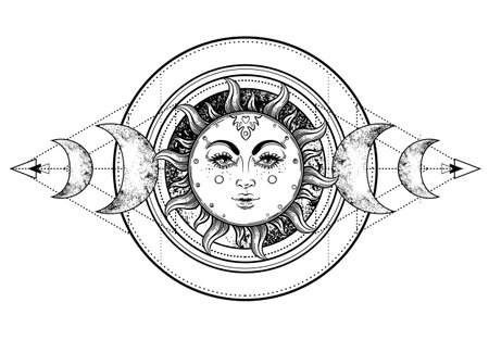 Sun and Triple moon pagan Wicca moon goddess symbol. Three-faced Goddess: Maiden â Mother â Crone isolated vector illustration. Tattoo, astrology, alchemy, boho and magic symbol. Coloring book..のイラスト素材