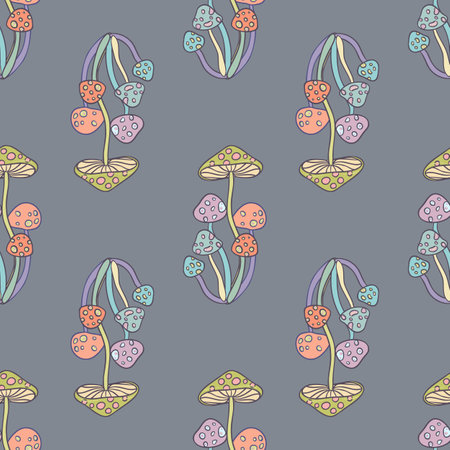 Magic mushrooms seamless pattern. Psychedelic hallucination. 60s hippie retro art. Vintage psychedelic textile, fabric, wrapping paper, wallpaper. Vector repeating illustration.のイラスト素材