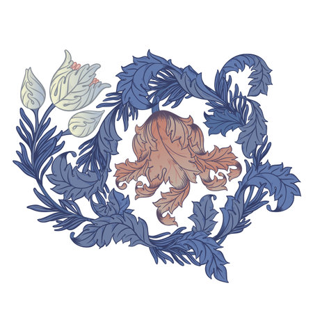 Floral vintage element. Enchanted Vintage Flowers. Arts and Crafts movement inspired. Vector design element. Isolated on white.のイラスト素材