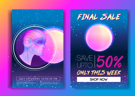 Portrait of robot android woman in retro futurism style. Vector illustration of a cyborg in glowing neon bright colors. futuristic synth wave flyer template. Cyber technology.の写真素材