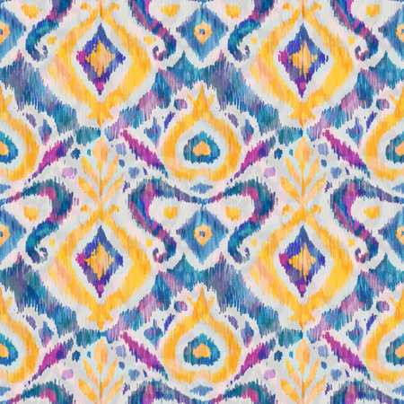 Ikat traditional folk textile pattern. Tribal ethnic hand drawn texture. Seamless background in Aztec, Indian, Scandinavian, Gypsy, or Mexican style. Raster illustration.の写真素材