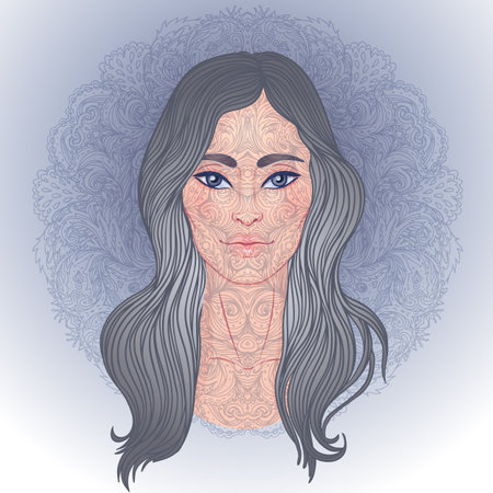 Lady of Sorrow. Devotion to the Immaculate Heart of Blessed Virgin Mary, Queen of Heaven. Vector illustration over halo or ornate mandala isolated. Hand-drawn, religion, spirituality, occultismのイラスト素材