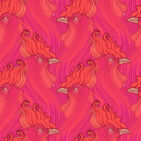 Rooster seamless pattern, Chinese zodiac symbol. Vector endless background. Repeating head of cock. Design for wallpaper art, coloring, nature and spirituality. Vintage print..のイラスト素材
