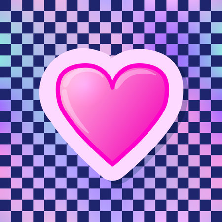Pink Heart sticker. Vector illustration over chequer pattern background. Pin, patch design.のイラスト素材