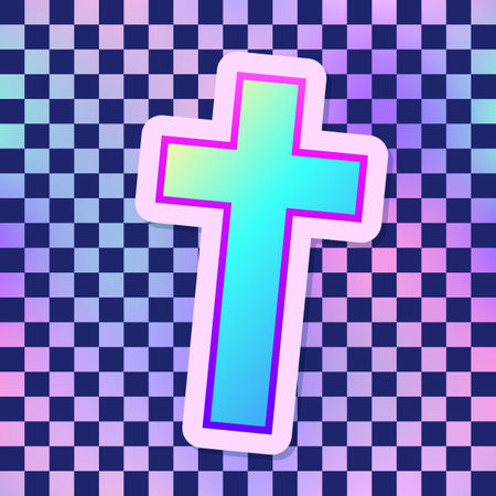 Vanilla cross. Vector illustration over chequer pattern background. Pin, patch design. Cute gothic style.のイラスト素材