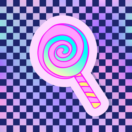 Lollypop. Vector illustration over chequer pattern background. Pin, patch design.のイラスト素材