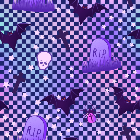 Kawaii funny spooky seamless pattern with chequer. Halloween wrapping paper background, neon pastel colors. Cute gothic style. Vanilla rainbow concept.のイラスト素材