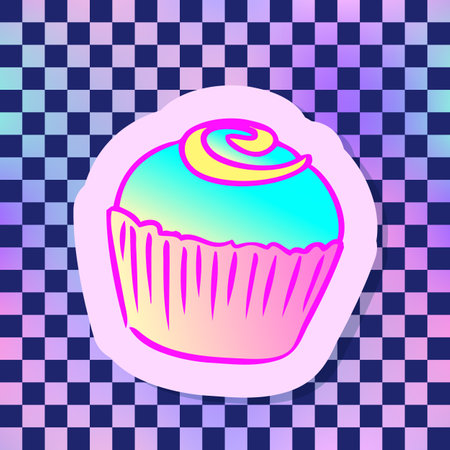 Cupcake. Vector illustration over chequer pattern background. Pin, patch design.のイラスト素材