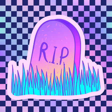 Tombstone. Glamour Halloween background in neon pastel colors. Vector illustration over chequer pattern background. Pin, patch design.のイラスト素材