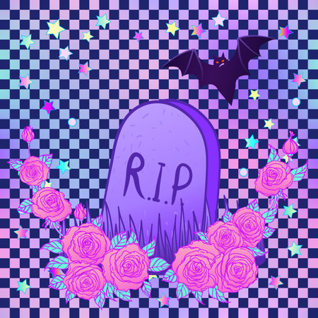 Tombstone, bat, roses over chequer pattern. Glamour Halloween background in neon pastel colors. Cute gothic style. Colorful rainbow concept.のイラスト素材