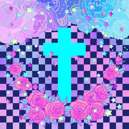 Vanilla cross. Glamour Halloween background witn chequer pattern in neon pastel colors. Cute gothic style. Colorful rainbow concept.のイラスト素材