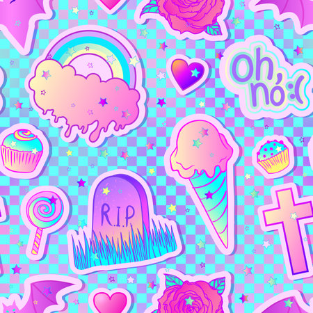 Colorful seamless pattern of candies, sweets, rainbow, cupcake, rose and bat. Vector illustration. Stickers, pins, patches.Halloween pastel chequer. Cute gothic styleのイラスト素材