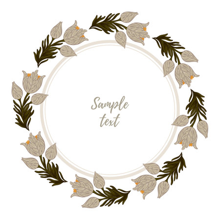 Floral Frame isolated on white background. Silhouette circle of leaves. Floral frame. Cute retro flowers, the wreath perfect for wedding invitations and birthday cardsのイラスト素材
