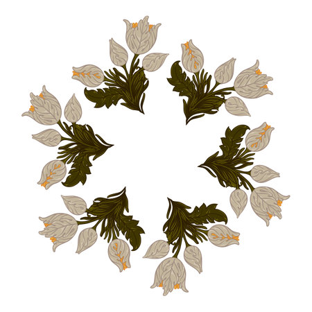 Floral Frame isolated on white background. Silhouette circle of leaves. Floral frame. Cute retro flowers, the wreath perfect for wedding invitations and birthday cardsのイラスト素材
